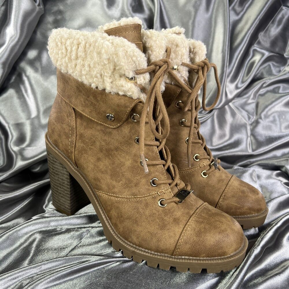 GBG G by Guess Boots Women Sz 9.5 M Brown 4” Heel Lace Up Chunky Lug Fur Booties